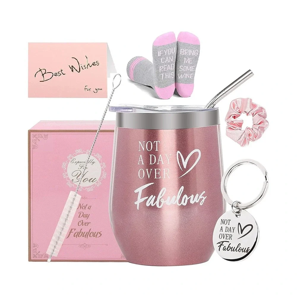 Rose Gold 12oz Wine Tumbler Gift Set Not A Day Over Fabulous Birthday Box 8pc